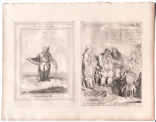 original James Gillray etchings The Worn-out Patriot; or, The Last Dying Speech of the Westminster Representative
The Magananimous Ally